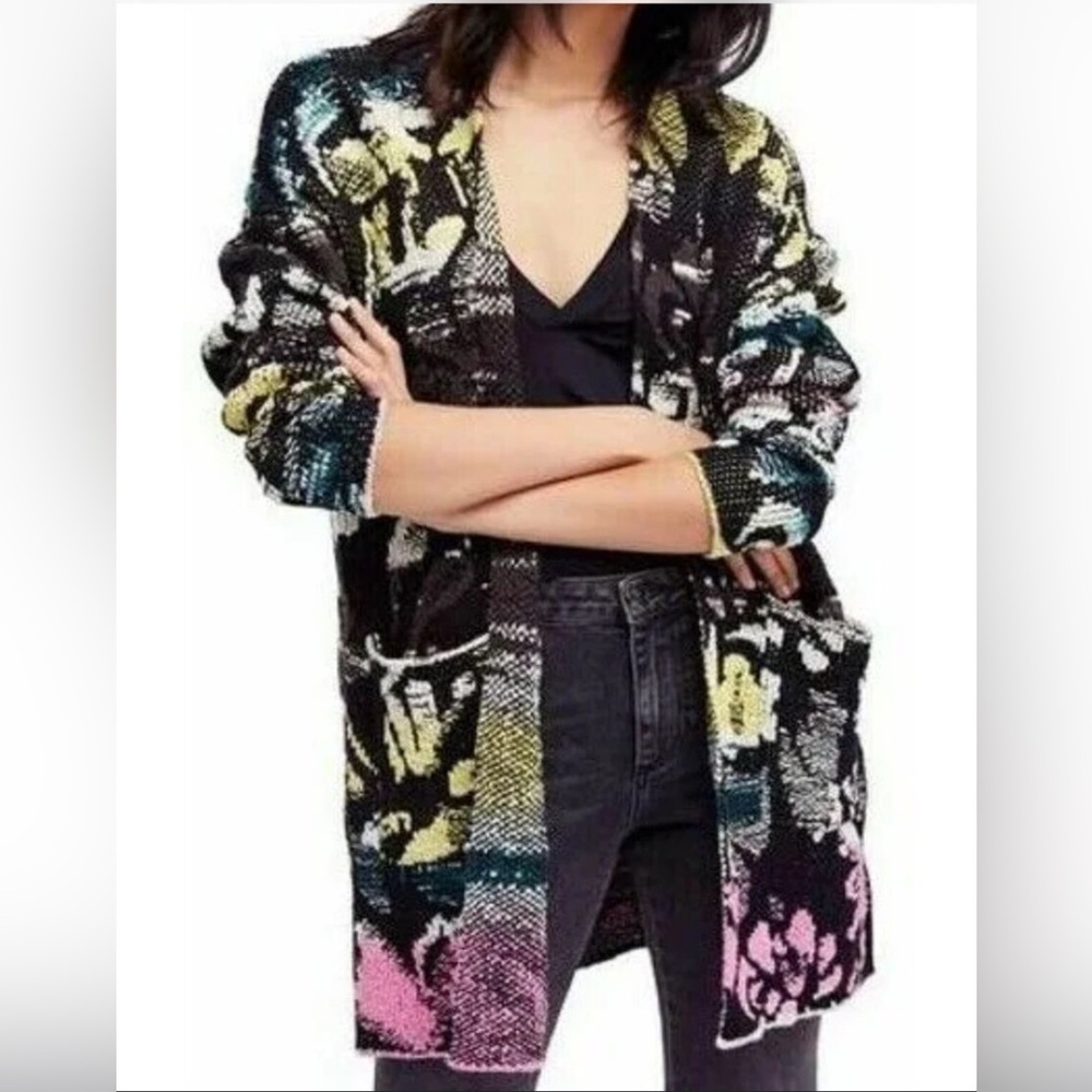Free People Think Twice black pink yellow open cardigan sweater  – Size X-small